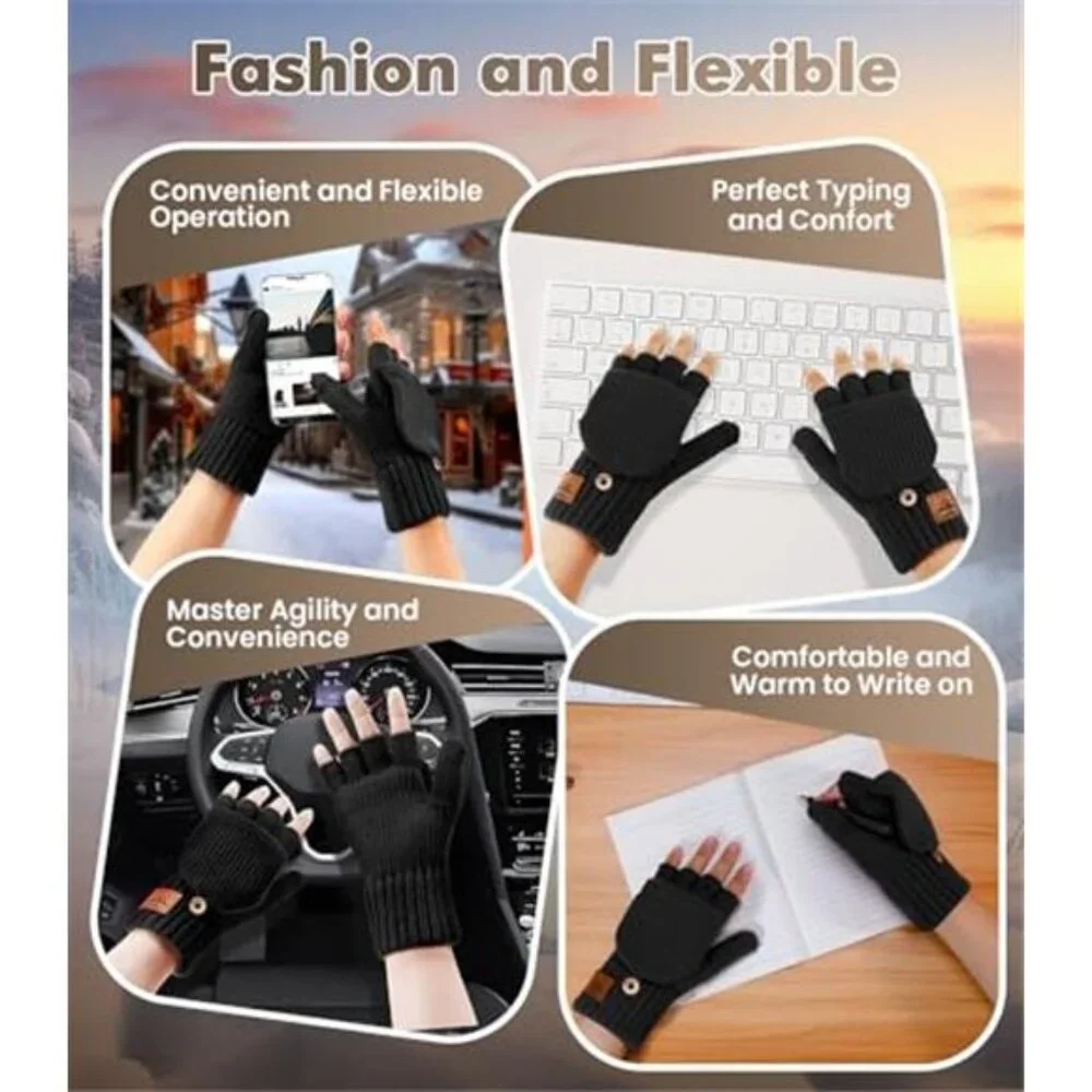 Women's Winter Fingerless Gloves Mittens Finger Wool Gloves with Flip